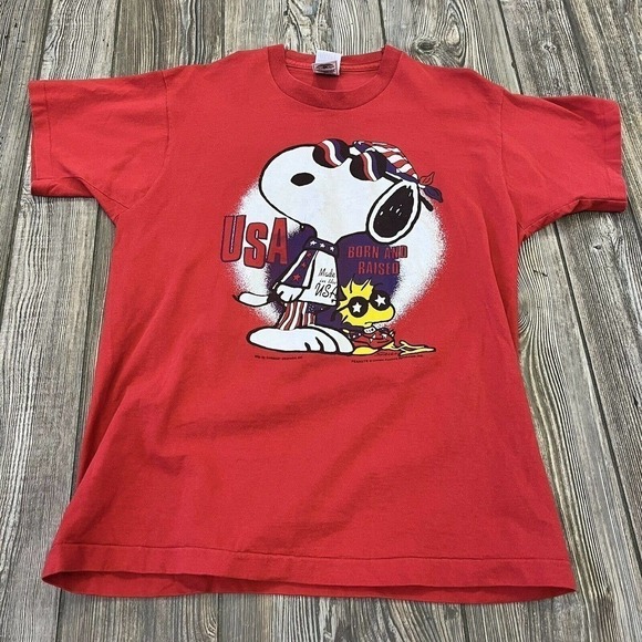 VTG Snoopy Joe Cool Shirt Large USA Born Raised Woodstock America Patriotic - Picture 2 of 8